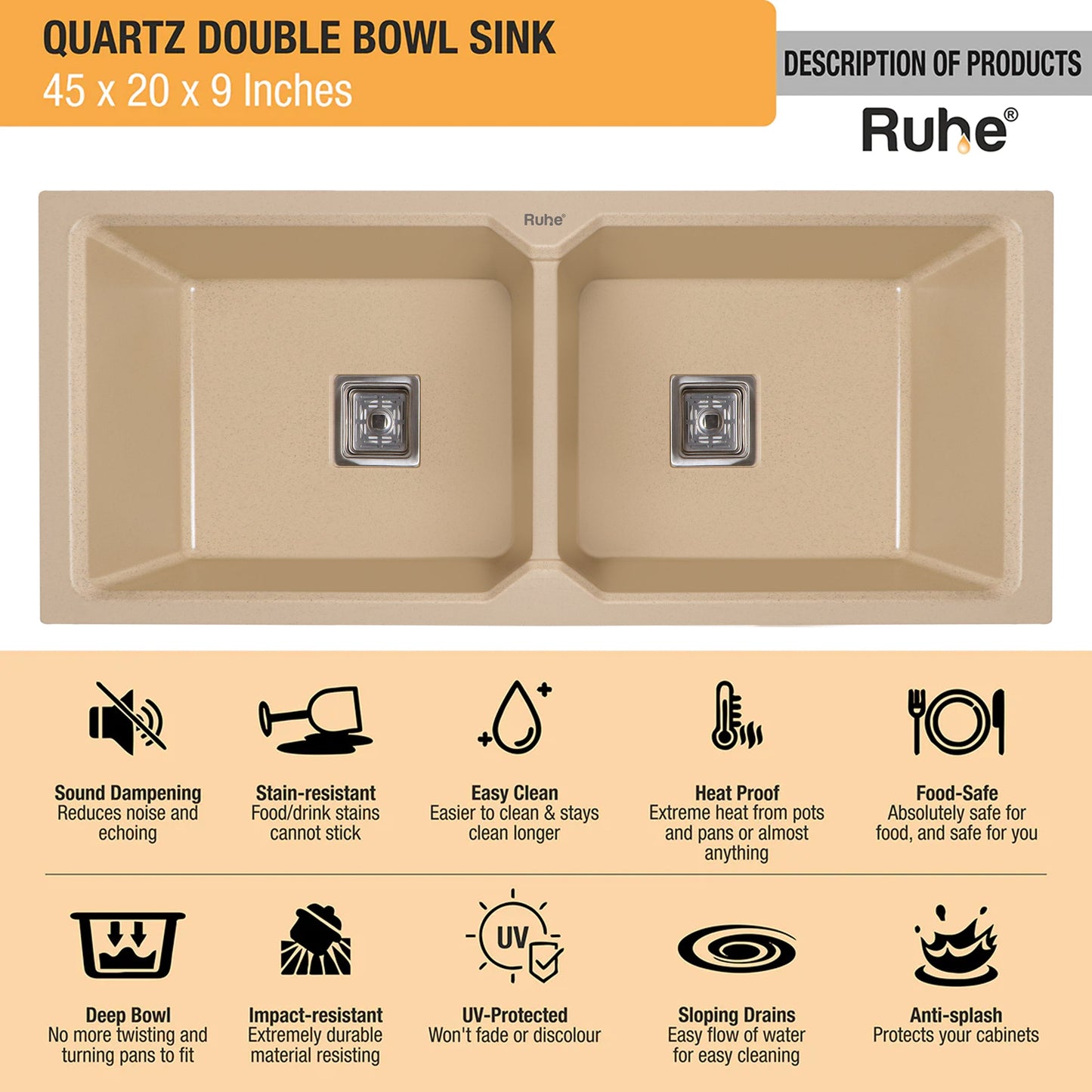 Quartz Double Bowl Kitchen Sink (45 x 20 x 9 inches)