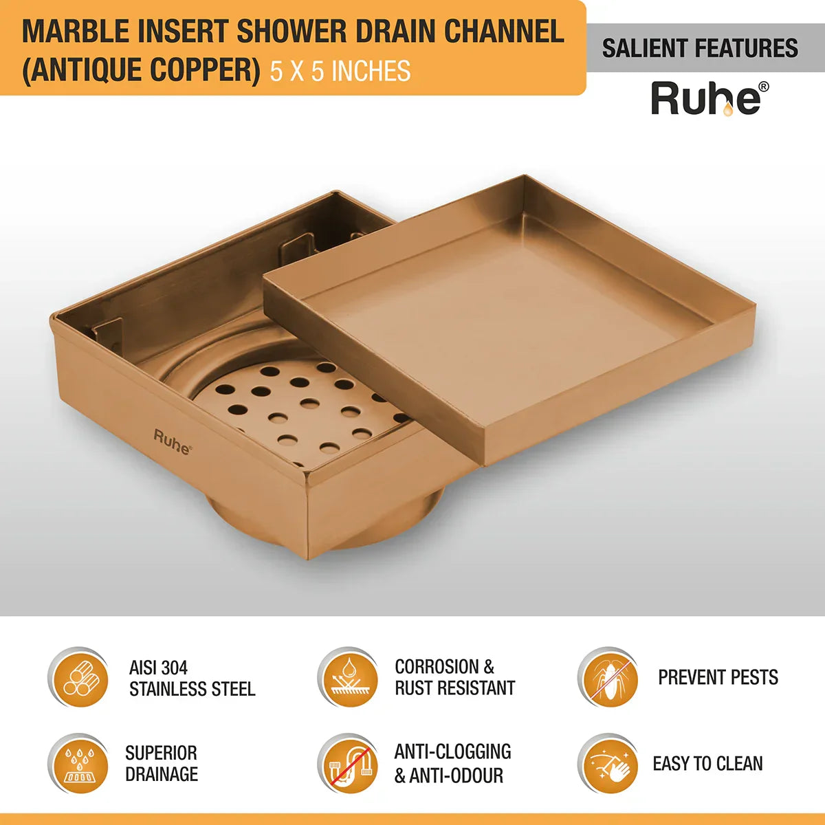 Marble-Insert Shower Drain Channel (5 x 5 Inches)
