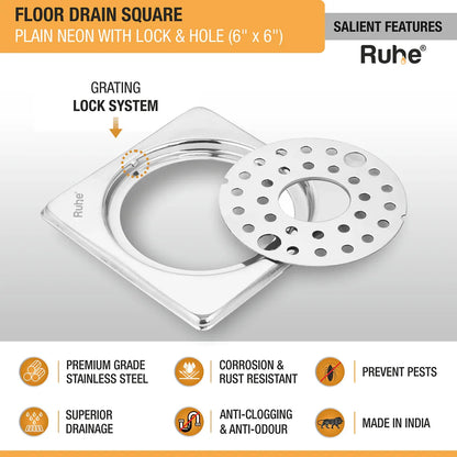 Plain Neon with Collar Square Floor Drain (6 x 6 inches) with Lock and Hole features