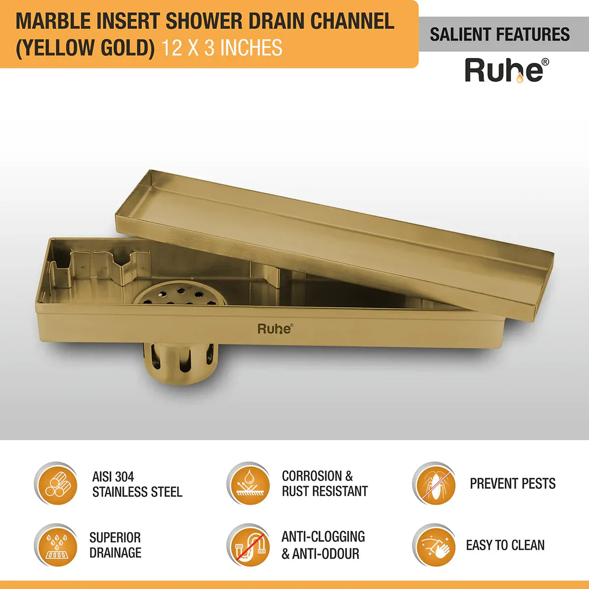Marble-Insert Shower Drain Channel (3 Inches)