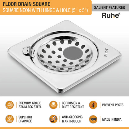 Square Neon Floor Drain (5 x 5 inches) with Hole and Hinged Grating Top features