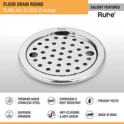 Plain Round Jali Floor Drain with Lock (5 Inches)