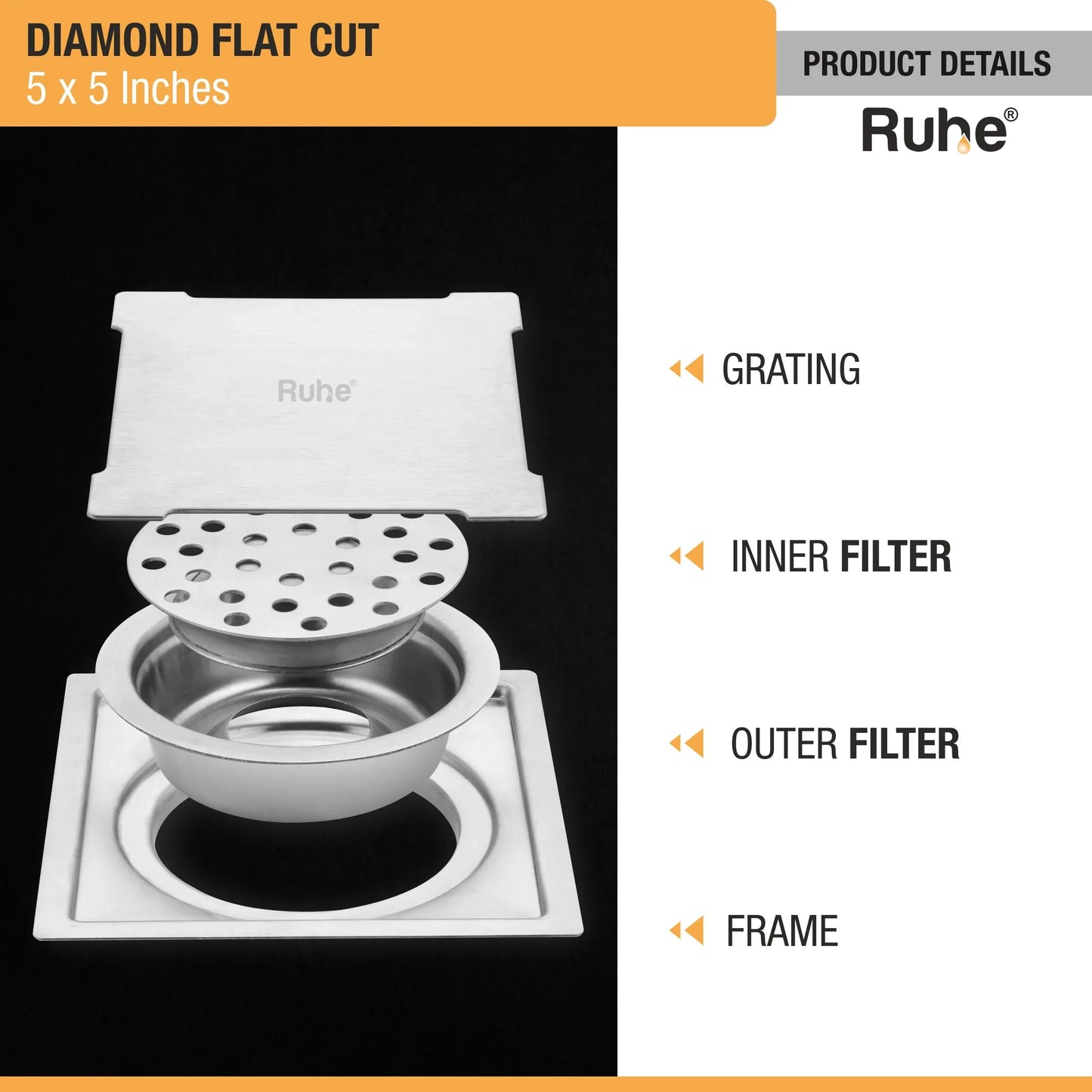 Diamond Floor Drain Square Flat Cut (5 x 5 Inches) with Cockroach Trap (304 Grade) details