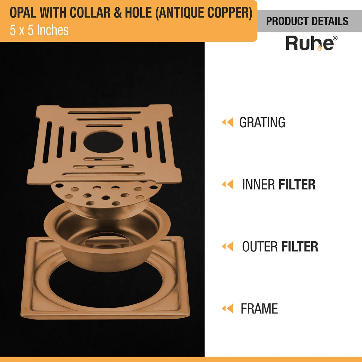 Opal Square Flat Cut Floor Drain in Antique Copper PVD Coating (5 x 5 Inches) with Hole - by Ruhe