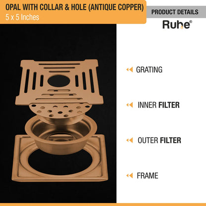 Opal Square Flat Cut Floor Drain in Antique Copper PVD Coating (5 x 5 Inches) with Hole - by Ruhe