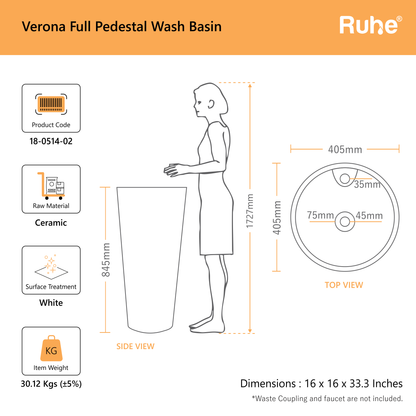 Verona Full Pedestal Wash Basin (dimensions)