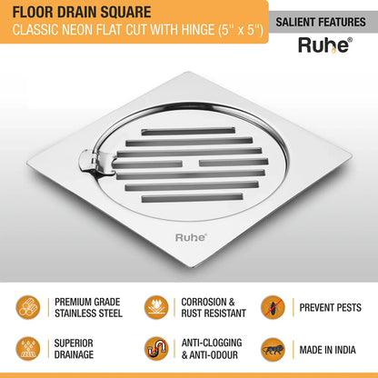 Classic Neon Square Flat Cut Floor Drain (5 x 5 inches) with Hinged Grating Top features