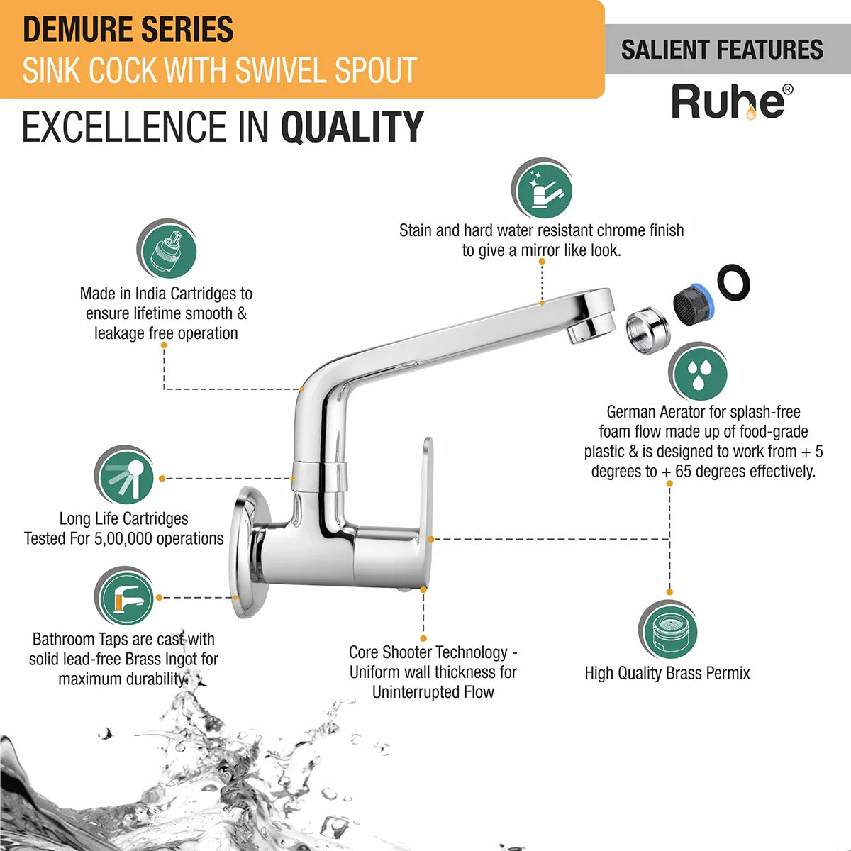 Demure Brass Kitchen Sink Tap with Small (7 inches) Round Swivel Spout - by Ruhe