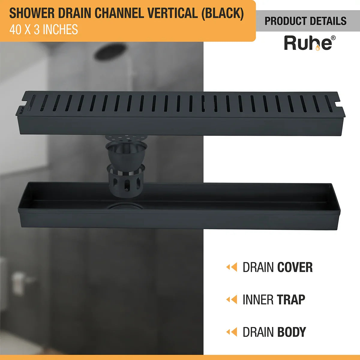 Vertical Shower Drain Channel (40 x 3 Inches) Black PVD Coated with drain cover, inner insect trap, drain body