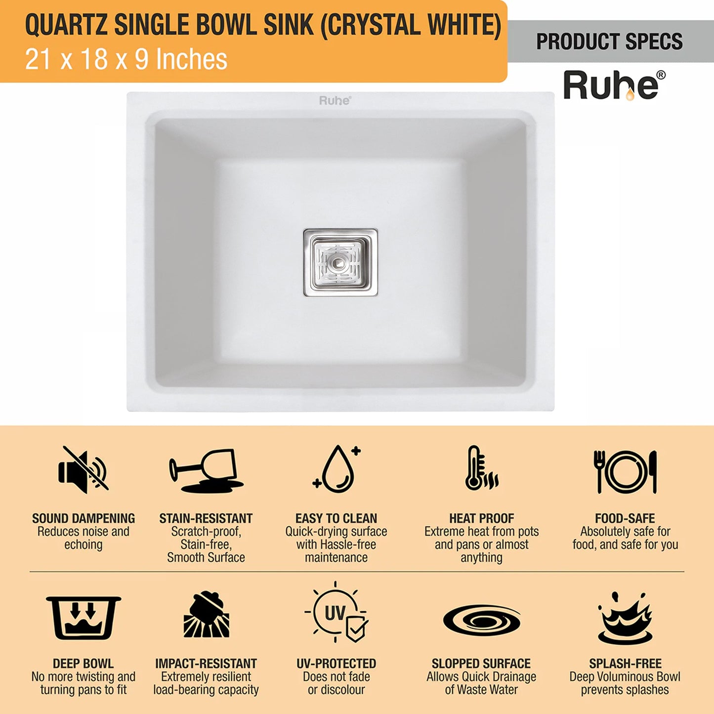 Quartz Single Bowl Kitchen Sink (21 x 18 x 9 Inches)