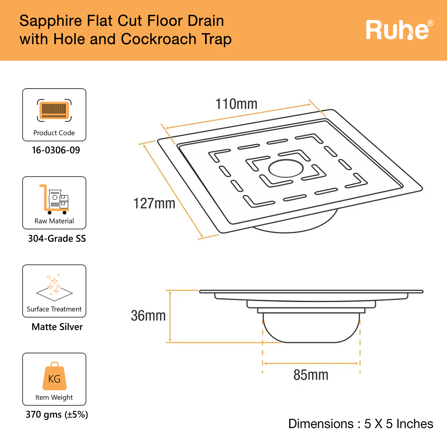 Sapphire Square Flat Cut Floor Drain