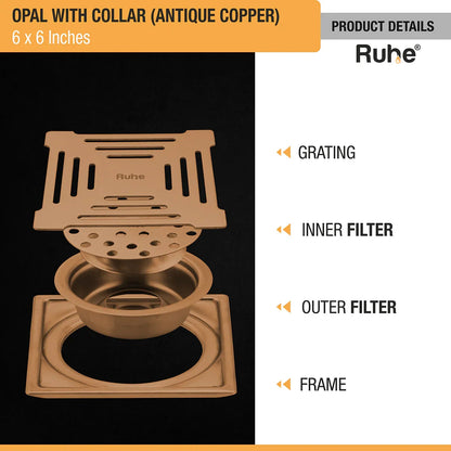 Opal Square Flat Cut Floor Drain in Antique Copper PVD Coating (6 x 6 Inches) - by Ruhe