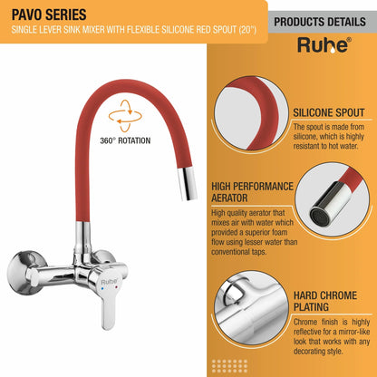 Pavo Single Lever Wall-mount Kitchen Sink Mixer Tap with Red Silicone Spout - by Ruhe