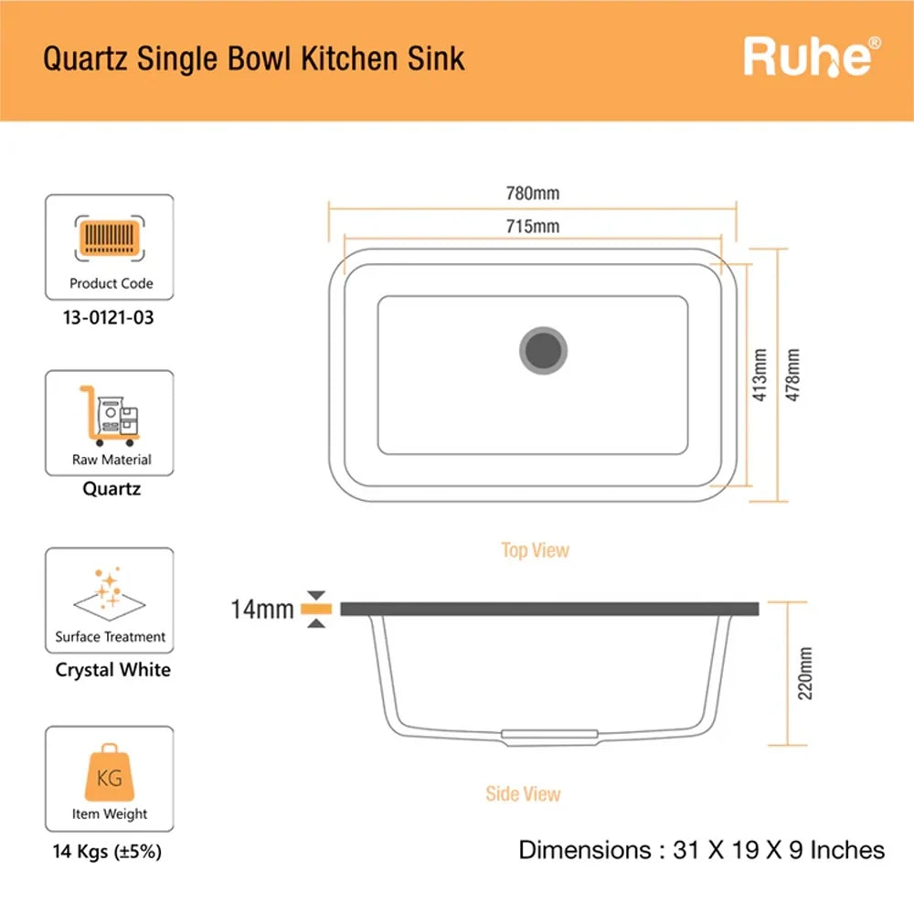 Quartz Single Bowl Kitchen Sink (31 x 19 x 9 Inches)