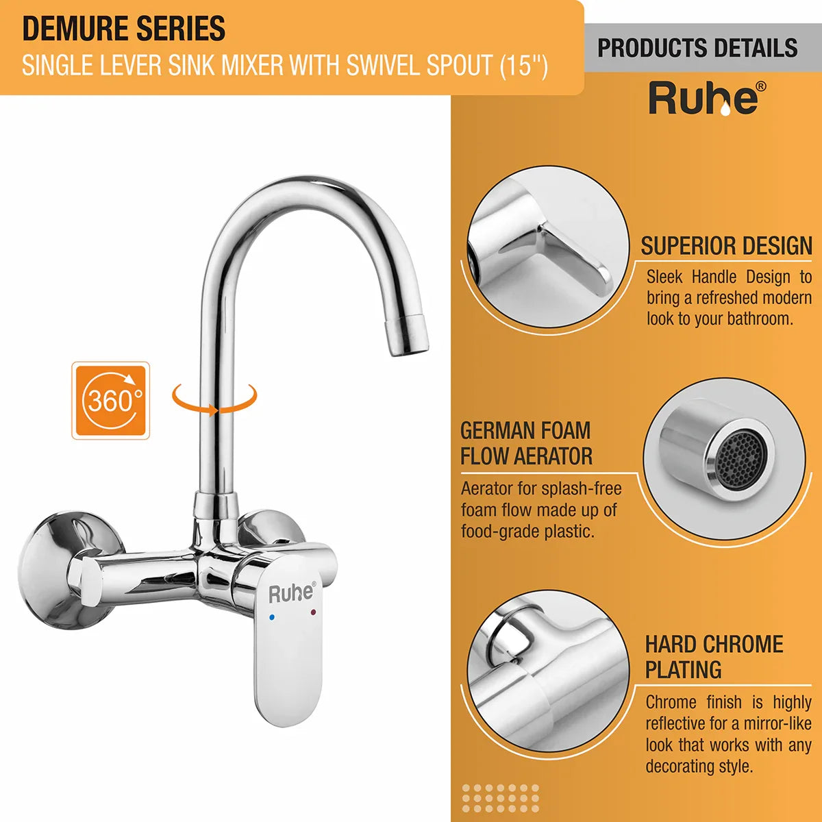 Demure Single Lever Wall-mount Kitchen Sink Mixer Tap with Swivel Spout