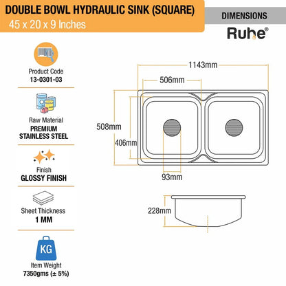 Double Bowl Kitchen Sink (45 x 20 x 9 Inches)(Dimension)