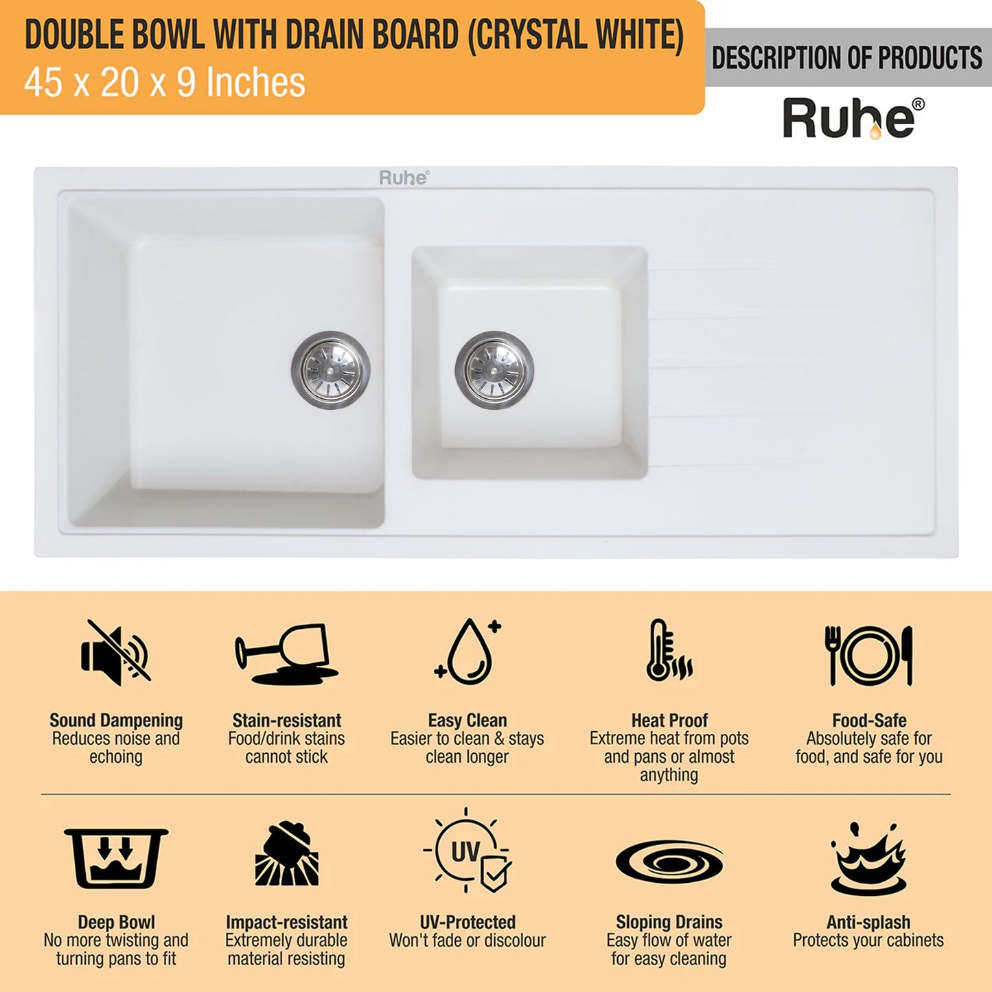 Quartz Double Bowl with Drainboard Kitchen Sink (45 x 20 x 9 inches)