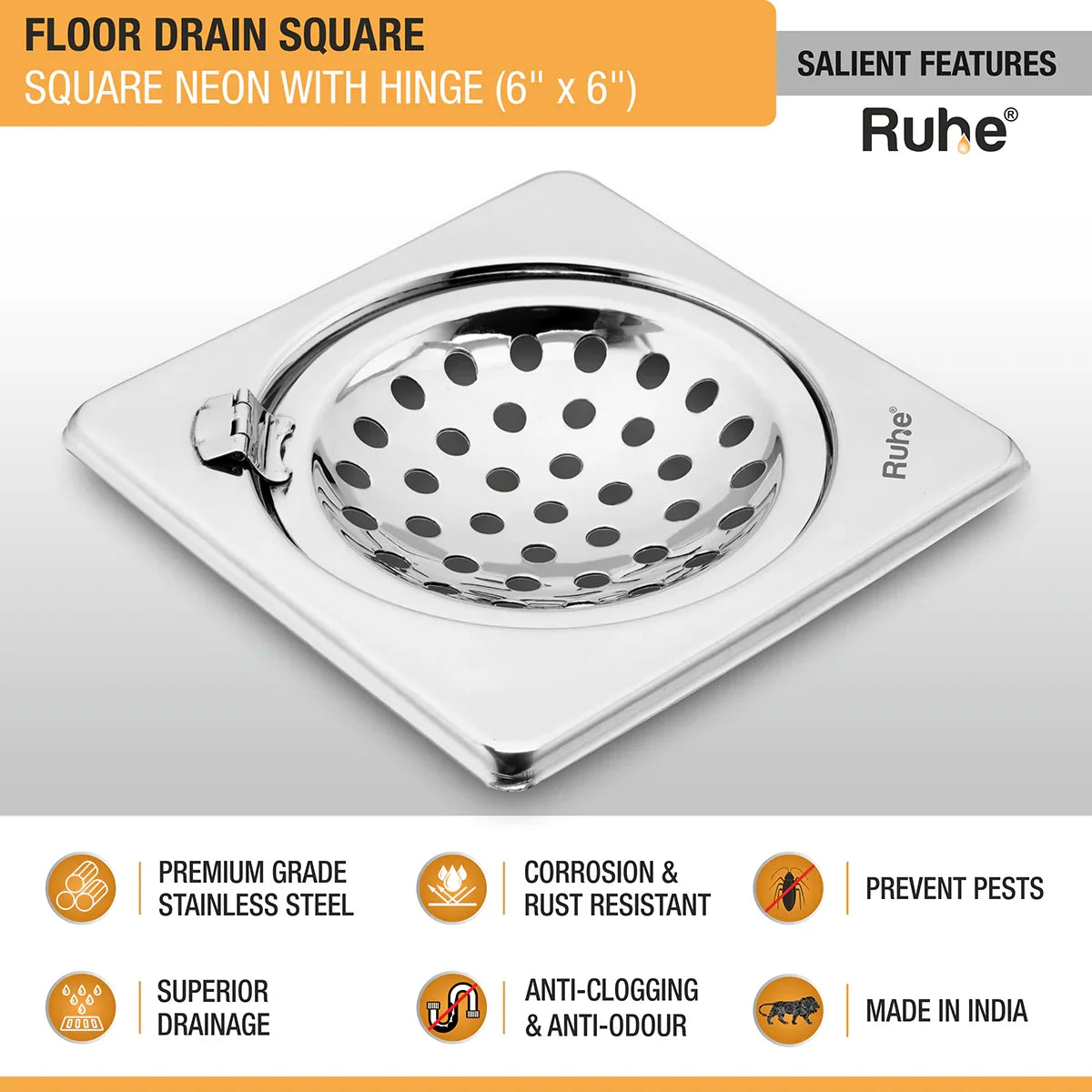 Square Neon Floor Drain (6 x 6 inches) with Hinged Grating Top features