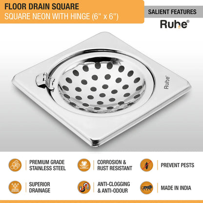 Square Neon Floor Drain (6 x 6 inches) with Hinged Grating Top features