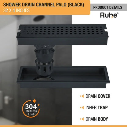 Palo Shower Drain Channel (32 x 4 Inches) Black PVD Coated with drain cover, inner insect trap, drain body