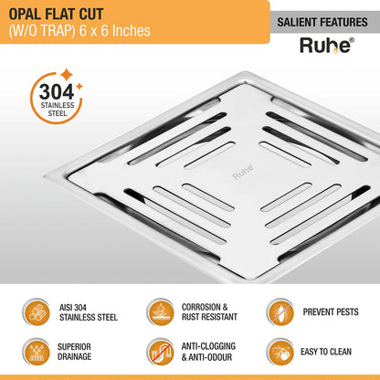 Opal Square Flat Cut 304-Grade Floor Drain (6 x 6 Inches) features and benefits