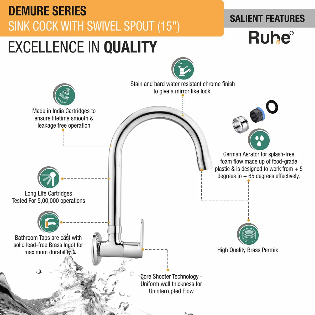 Demure Wall Mount Kitchen Sink Tap with Swivel Spout