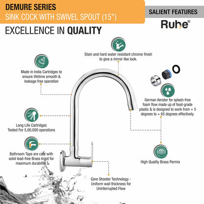 Demure Wall Mount Kitchen Sink Tap with Swivel Spout
