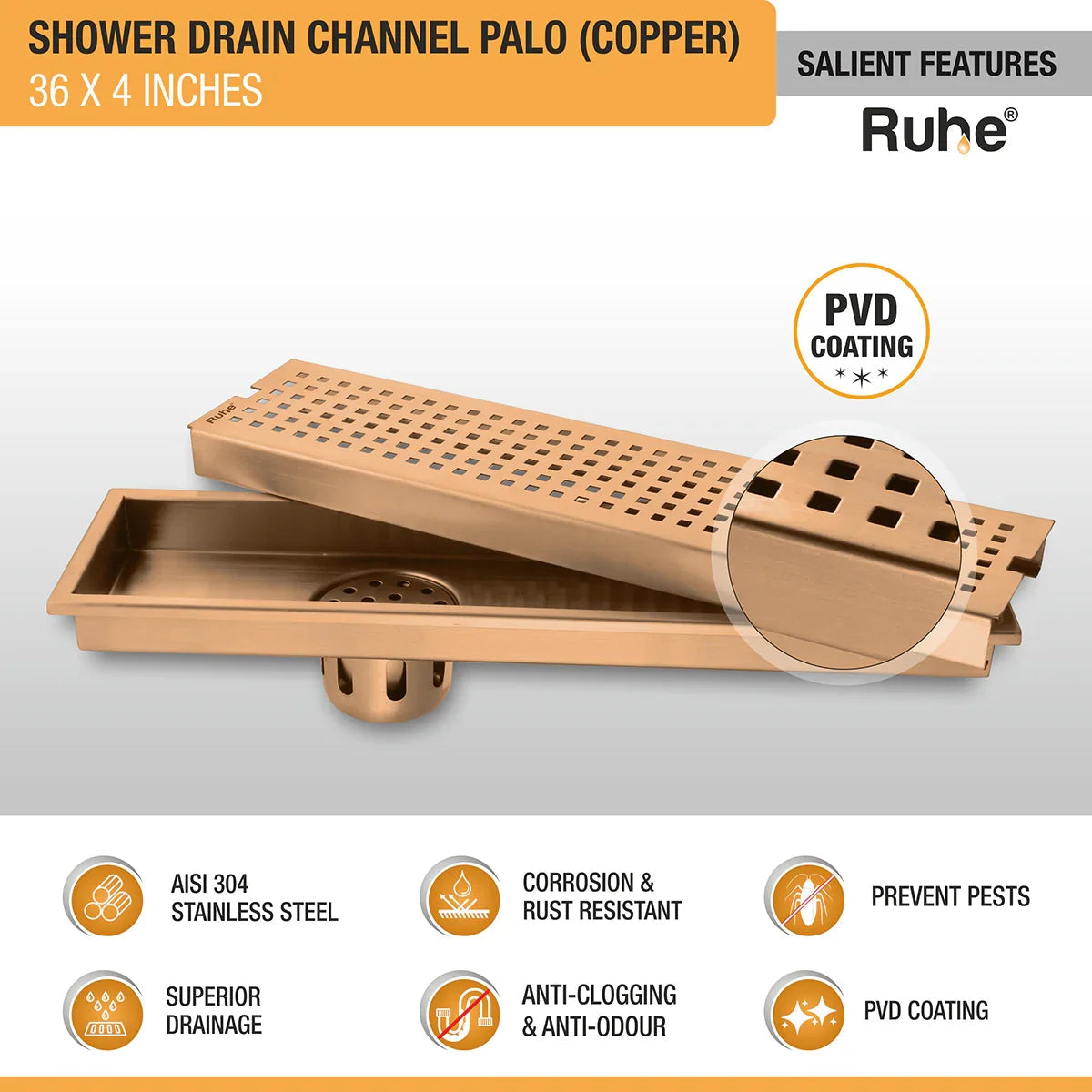 Palo Shower Drain Channel (36 x 4 Inches) Antique Copper PVD Coated - by Ruhe