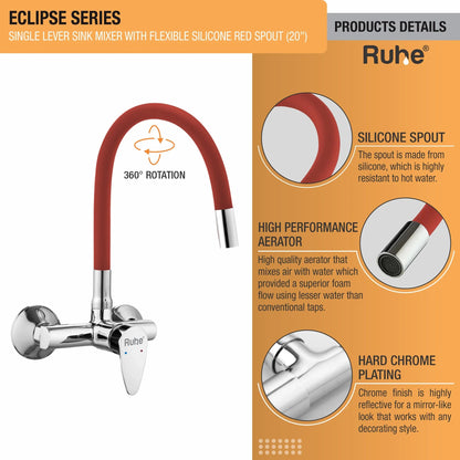 Eclipse Single Lever Wall-mount Kitchen Sink Mixer Tap with Red Silicone Spout - by Ruhe