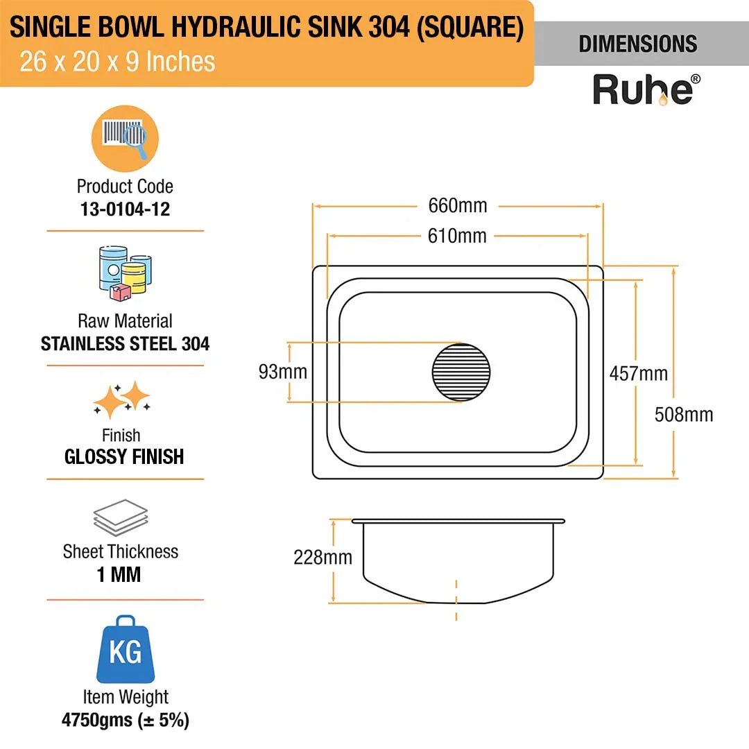 Single Bowl Kitchen Sink (26 x 20 x 9 Inches)(Dimension)