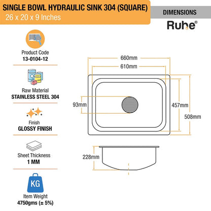 Single Bowl Kitchen Sink (26 x 20 x 9 Inches)(Dimension)