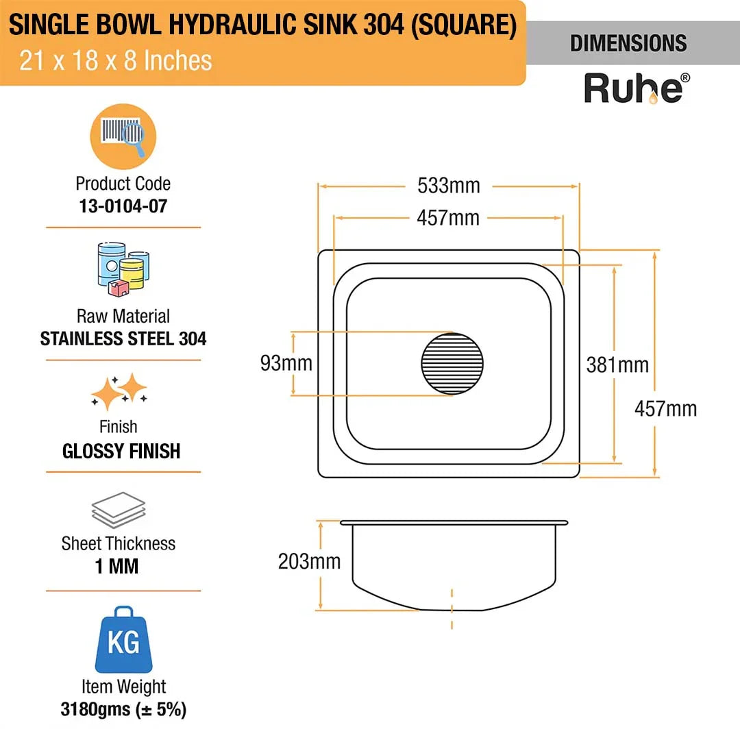 Single Bowl Kitchen Sink (21 x 18 x 8 Inches)(Dimensions)