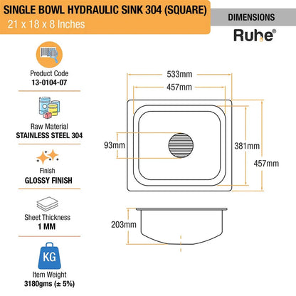 Single Bowl Kitchen Sink (21 x 18 x 8 Inches)(Dimensions)