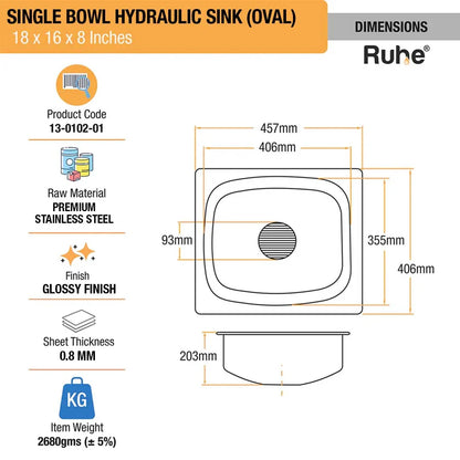 Oval Single Bowl with Drainboard Kitchen Sink (37 x 18 x 8 Inches)Dimensions