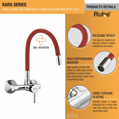 Kara Single Lever Wall-mount Kitchen Sink Mixer Tap with Red Silicone Spout - by Ruhe