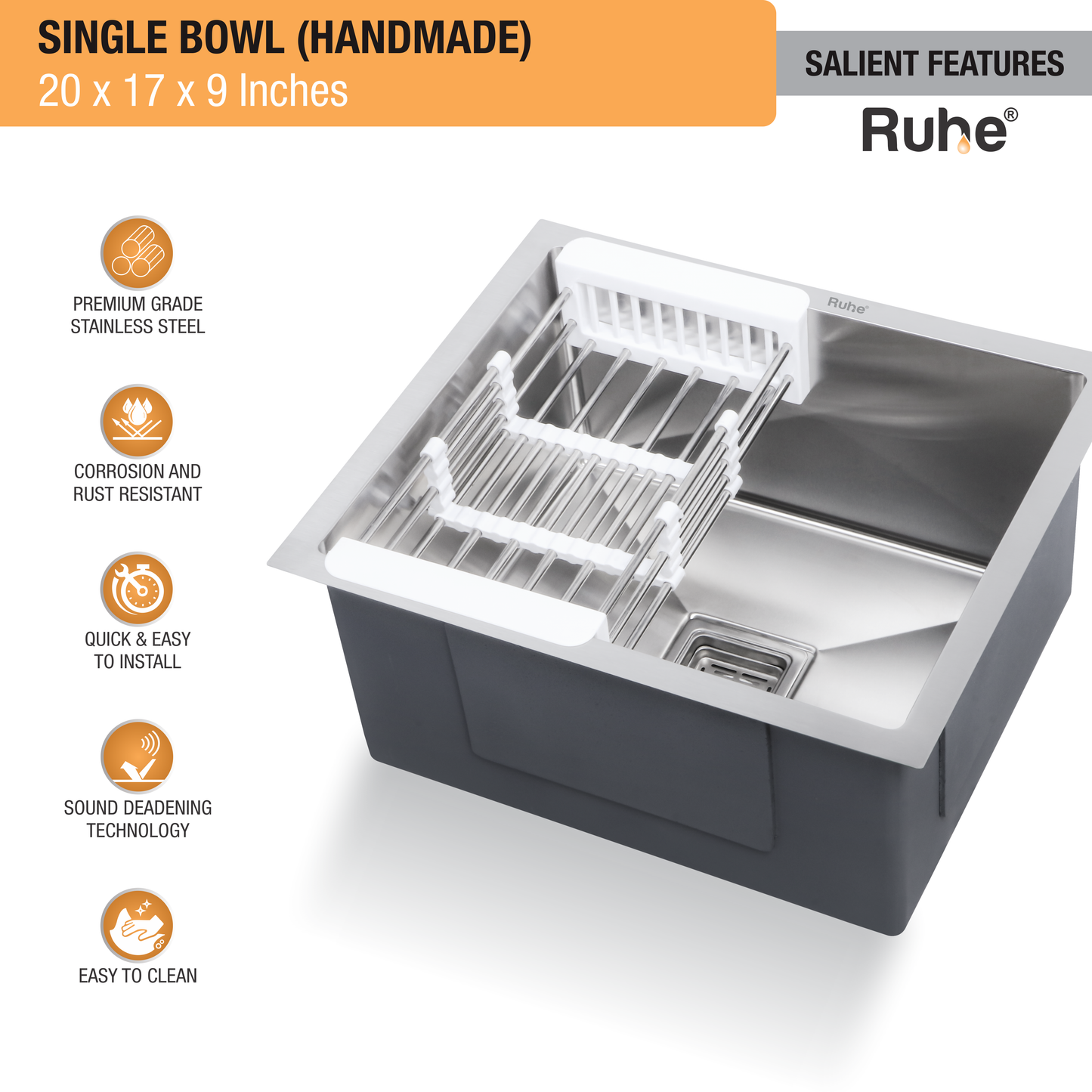 Handmade Single Bowl Kitchen Sink (20 x 17 x 9 Inches) (Features)