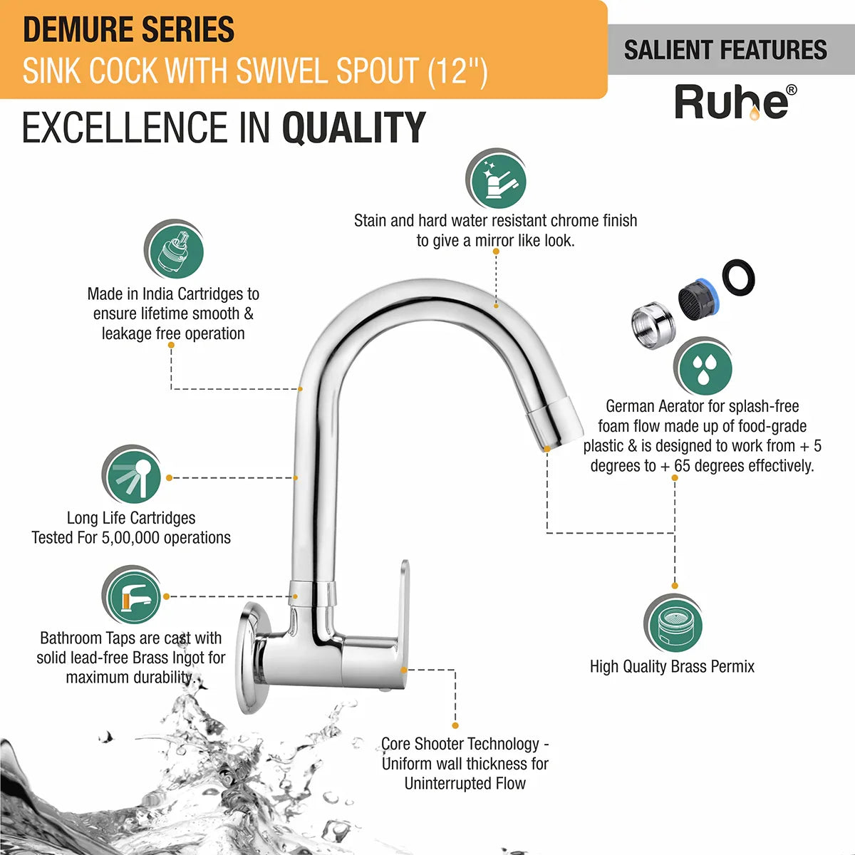Demure Wall Mount Kitchen Sink Tap with Swivel Spout