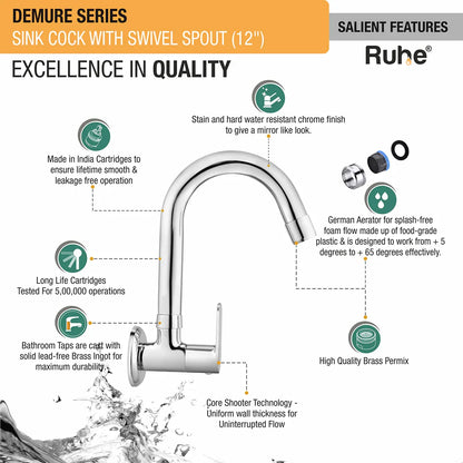 Demure Wall Mount Kitchen Sink Tap with Swivel Spout
