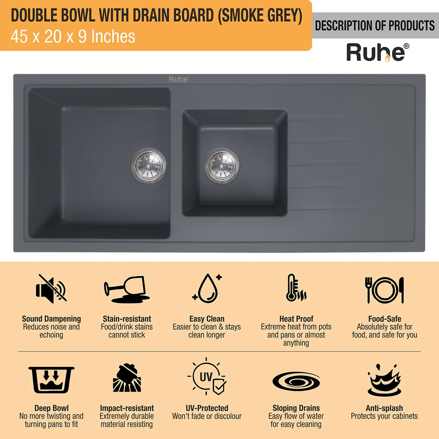 Quartz Double Bowl with Drainboard Kitchen Sink (45 x 20 x 9 inches)