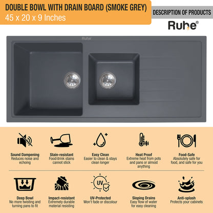 Quartz Double Bowl with Drainboard Kitchen Sink (45 x 20 x 9 inches)