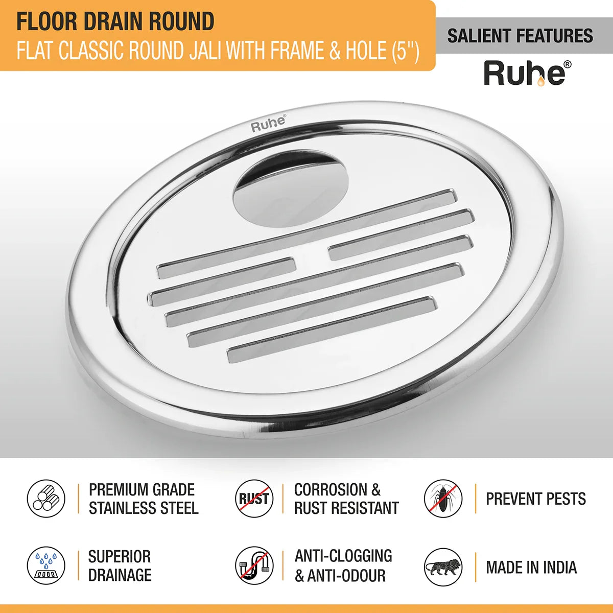 Flat Classic Round Jali Floor Drain (5 inches) with Frame and Hole (Pack of 2) - by Ruhe