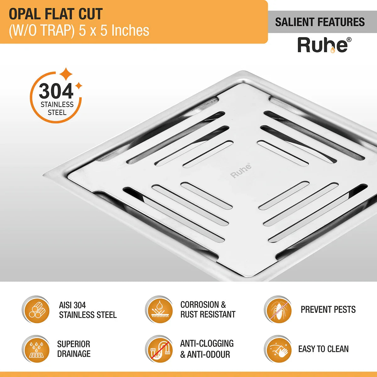 Opal Square Flat Cut 304-Grade Floor Drain (5 x 5 Inches) features and benefits