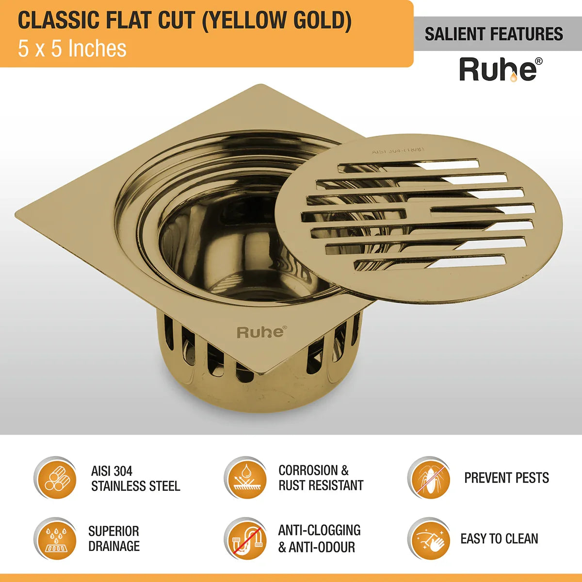 Classic Square Flat Cut Floor Drain in Yellow Gold PVD Coating (5 x 5 Inches) features and benefits
