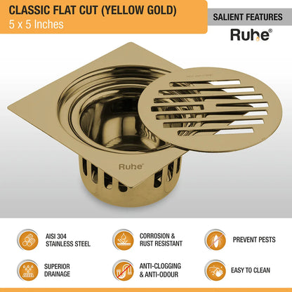 Classic Square Flat Cut Floor Drain in Yellow Gold PVD Coating (5 x 5 Inches) features and benefits