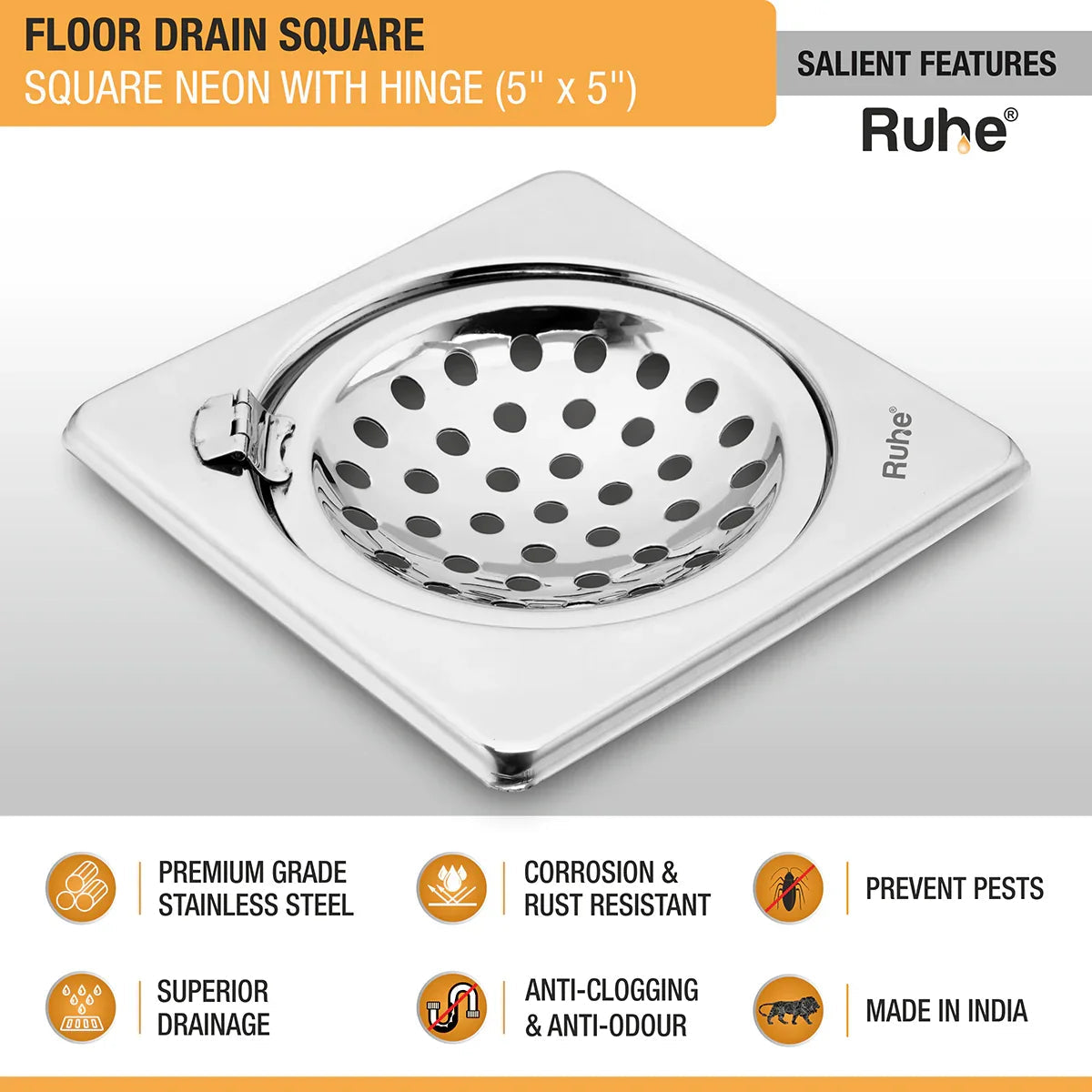 Square Neon Floor Drain (5 x 5 inches) with Hinged Grating Top features