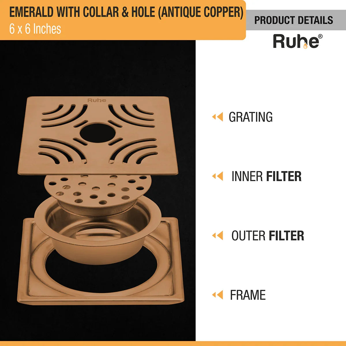 Emerald Square Flat Cut Floor Drain in Antique Copper PVD Coating (6 x 6 Inches) with Hole - by Ruhe