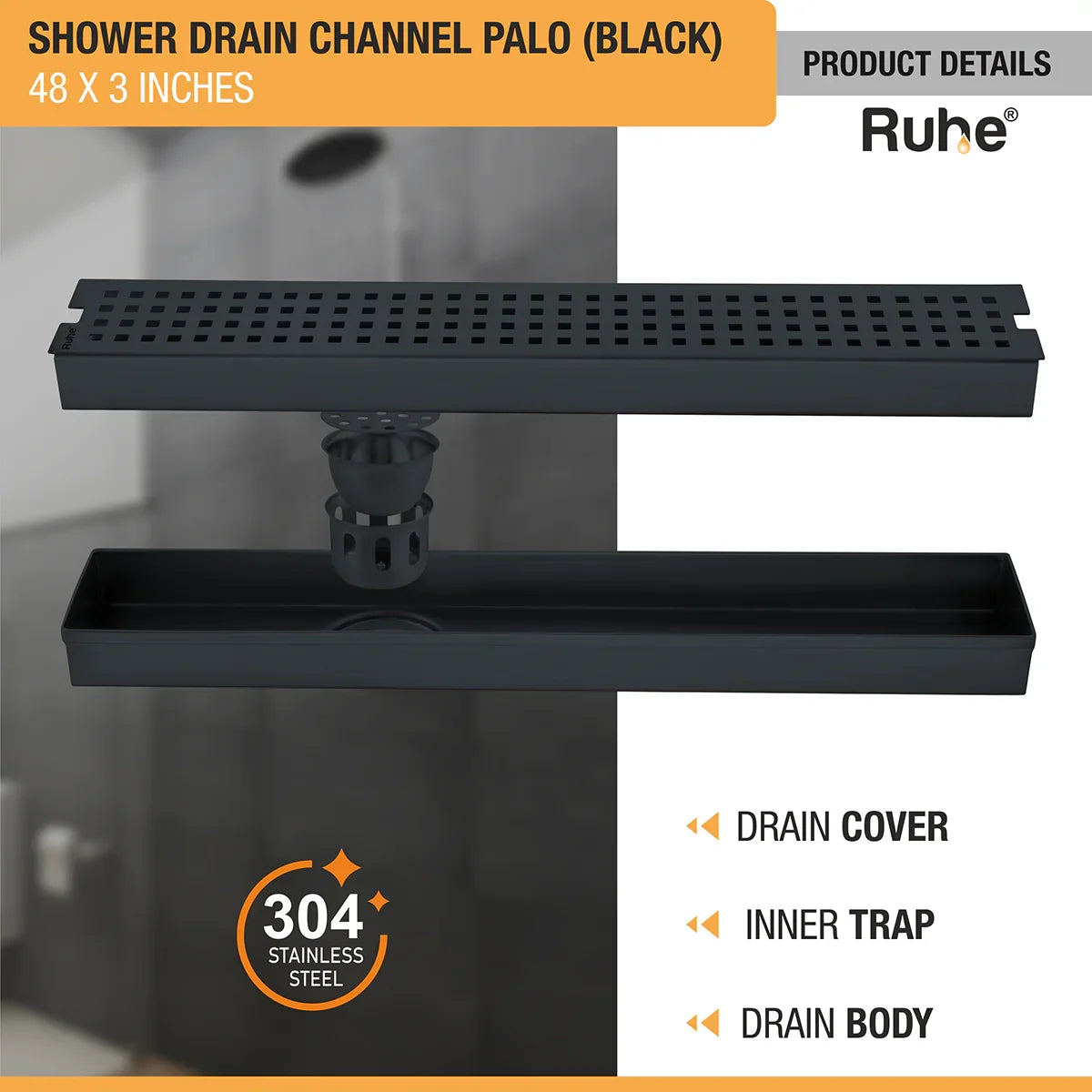 Palo Shower Drain Channel (48 x 3 Inches) Black PVD Coated with drain cover, inner insect trap, drain body
