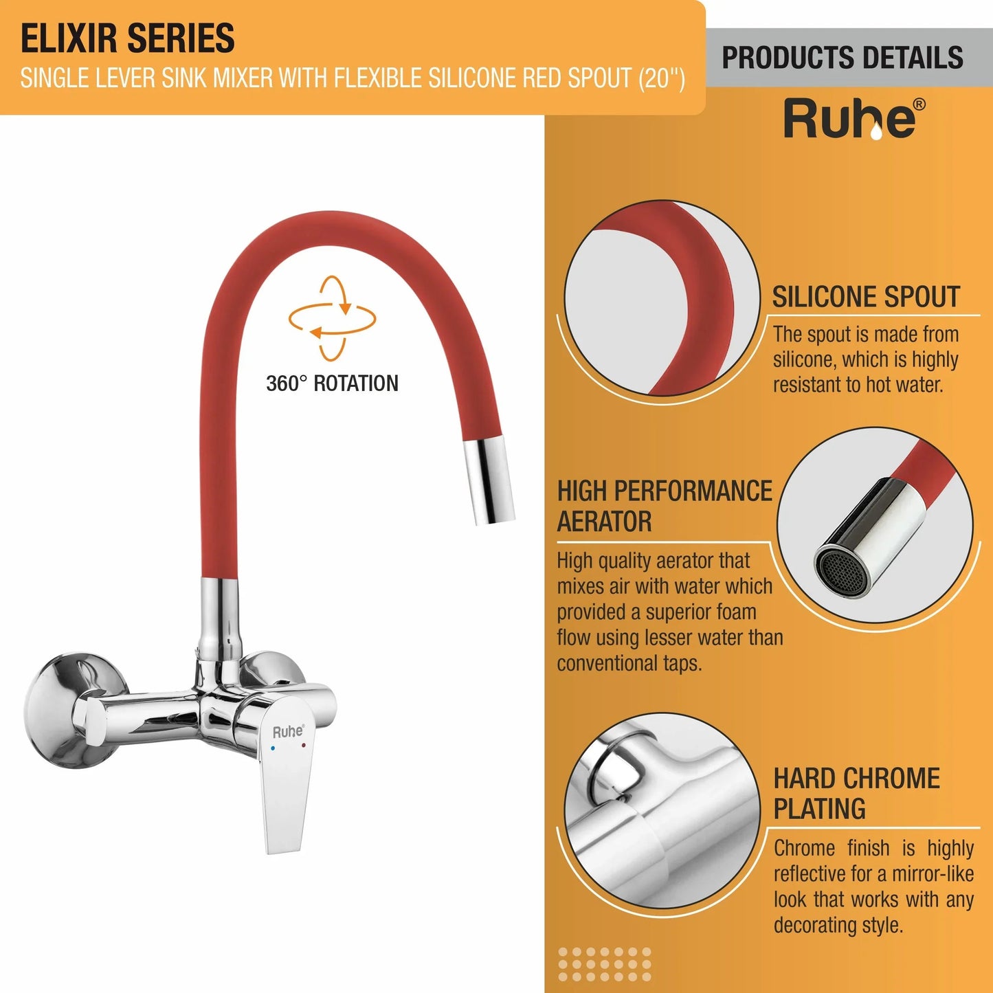 Elixir Single Lever Wall-mount Kitchen Sink Mixer Tap with Red Silicone Spout - by Ruhe