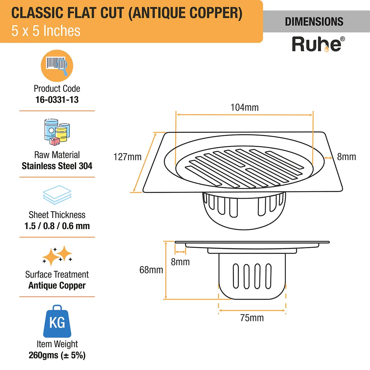 Classic Square Flat Cut Floor Drain in Antique Copper PVD Coating (5 x 5 Inches) dimensions and sizes