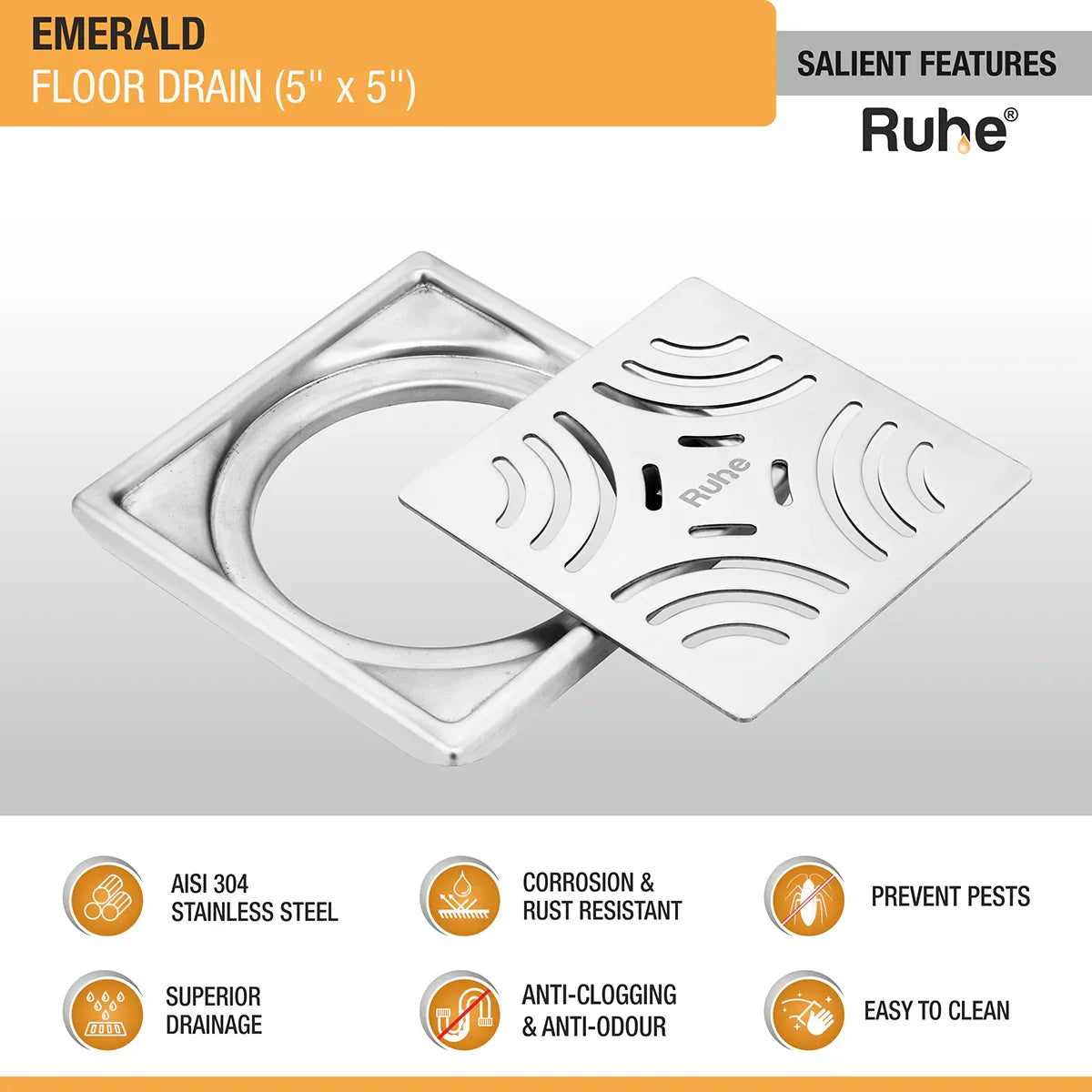Emerald Square 304-Grade Floor Drain (5 x 5 Inches) - by Ruhe
